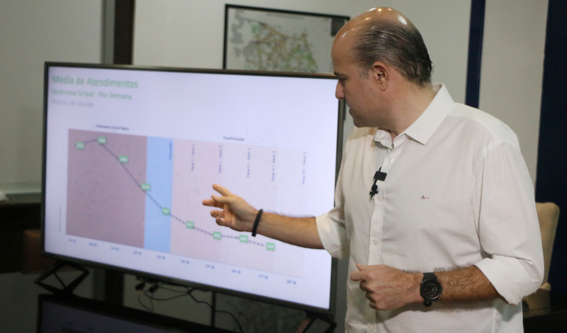 prefeito olhando e apontando para tela ao seu lado, que exibe gráficos